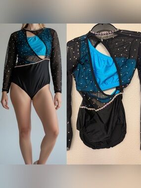 Pumpers dance costume custom solo blue black illusion leotard SA-Small adult